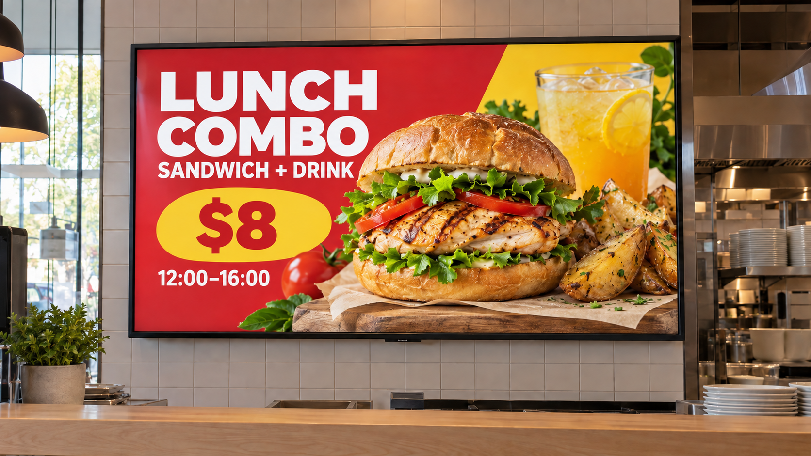 Example English menu board with a sandwich and drink, price and lunch offer times.