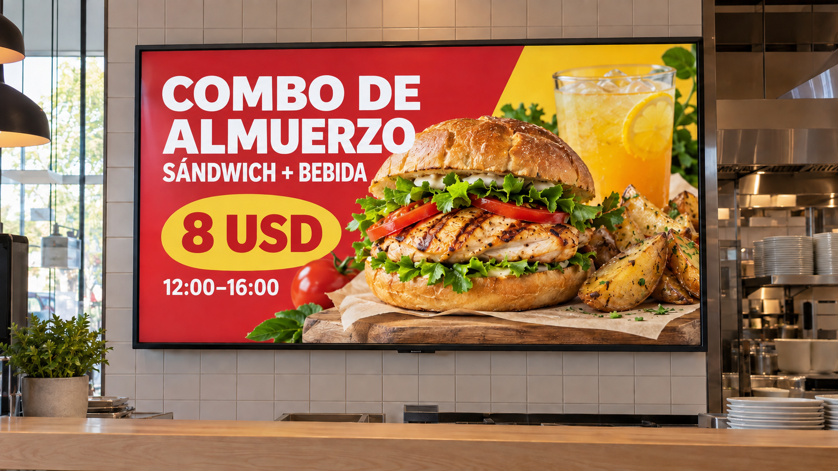 Ejemplo de menú digital en español con un sándwich, bebida, precio y horario del almuerzo.