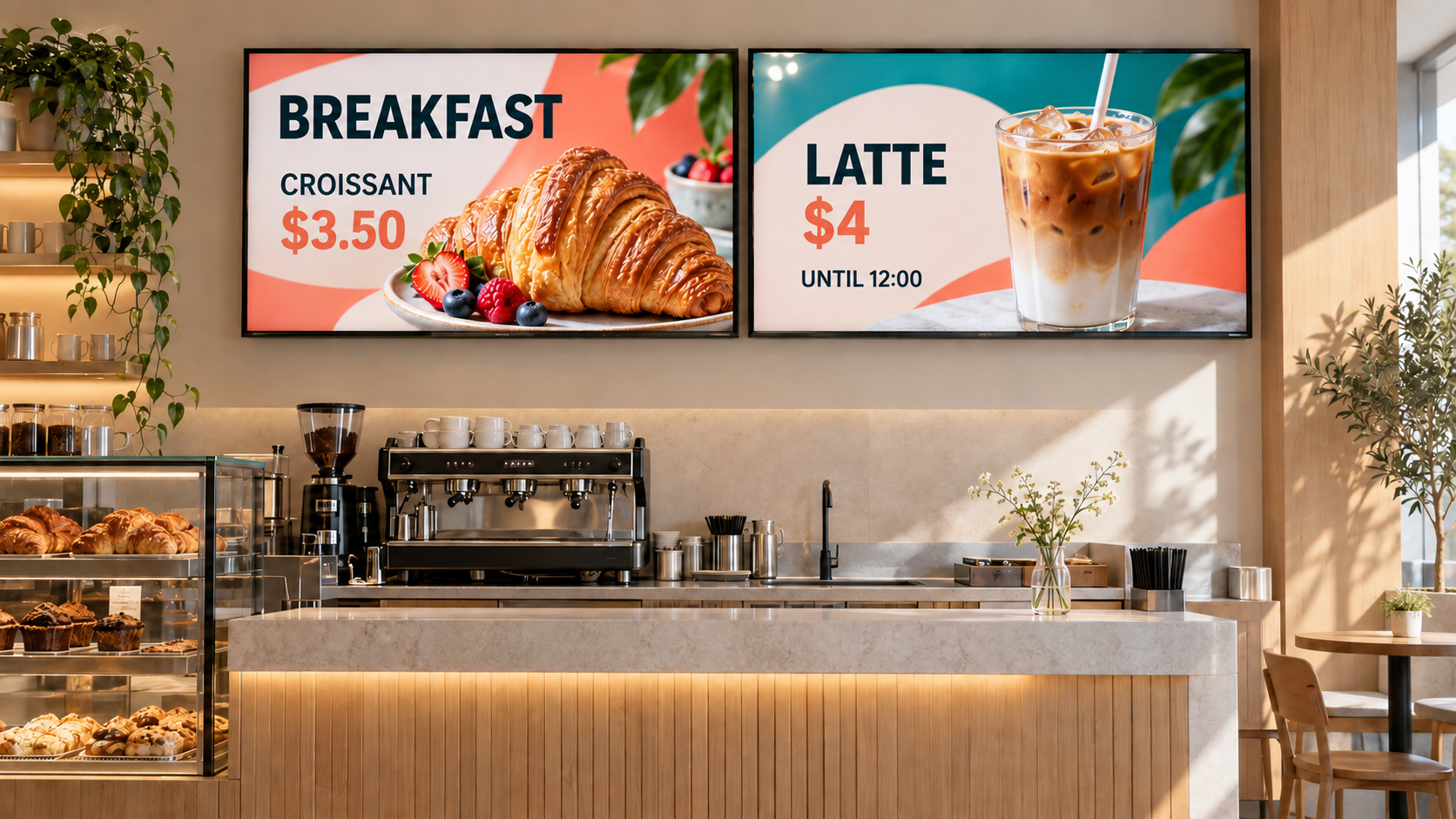 Example café with vibrant English digital menus showing a croissant, latte and dollar prices.
