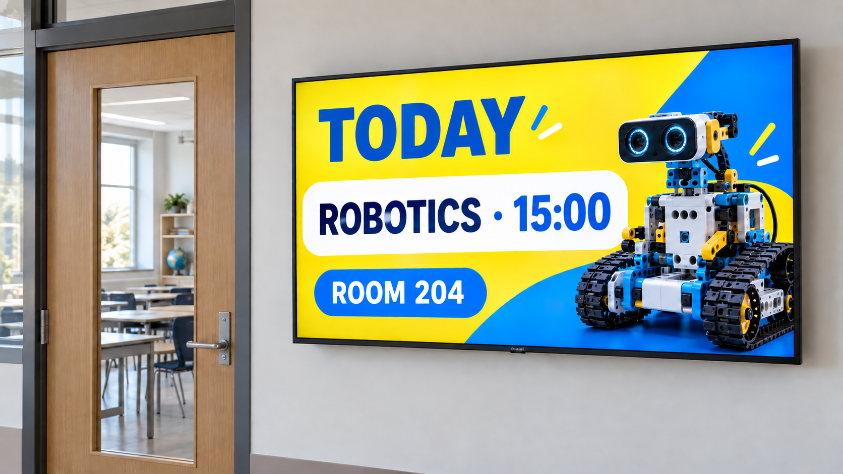 Example school noticeboard with a robotics class, time and room in English.