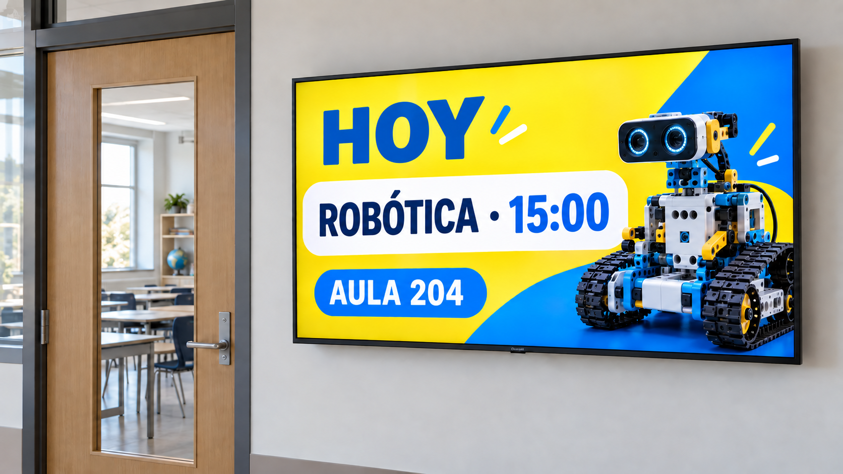 Ejemplo de tablón escolar con una clase de robótica, hora y aula en español.