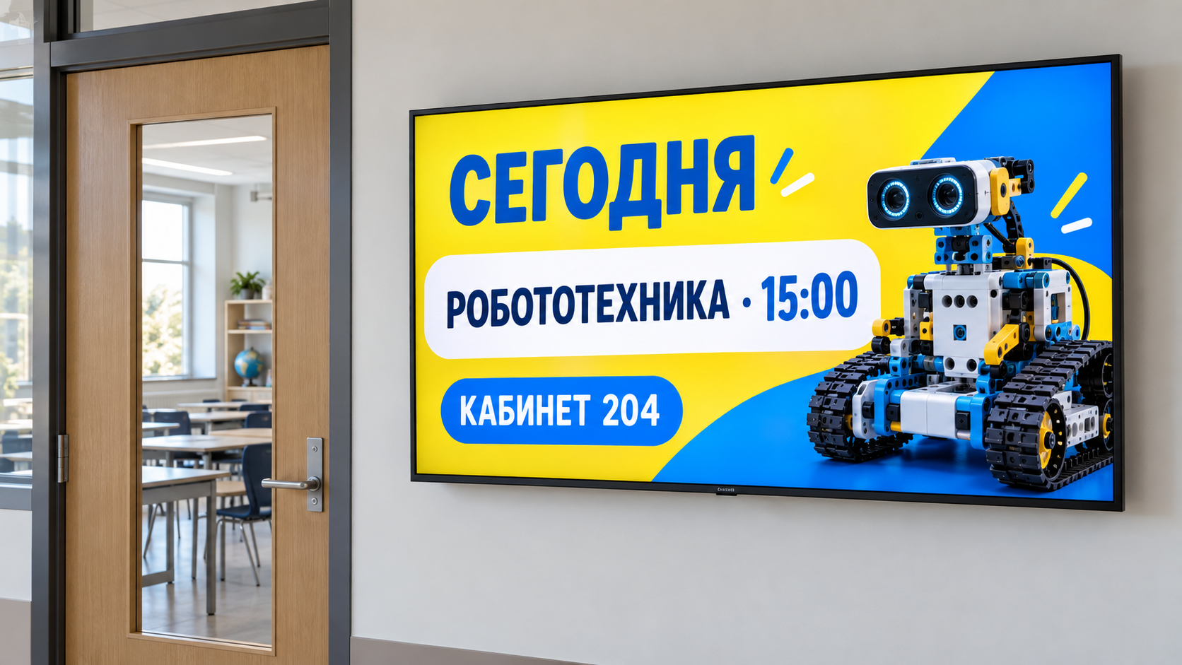 Пример информационного стенда школы: занятие робототехникой, время и кабинет на русском.
