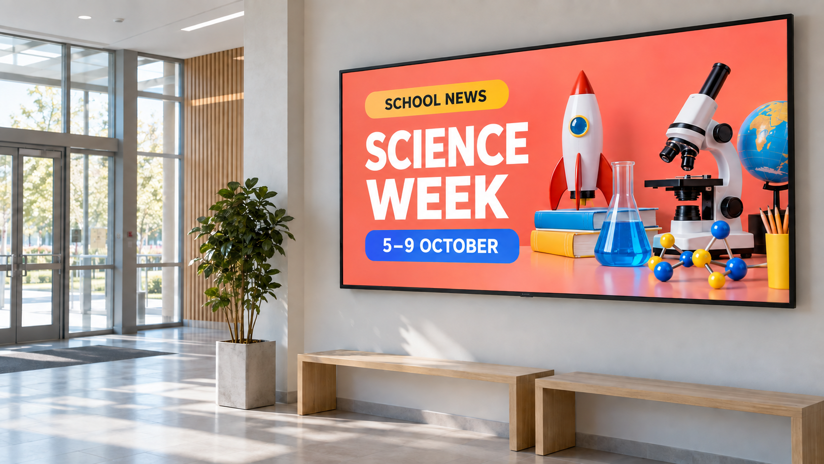 Example school display with a colourful English science-week announcement.