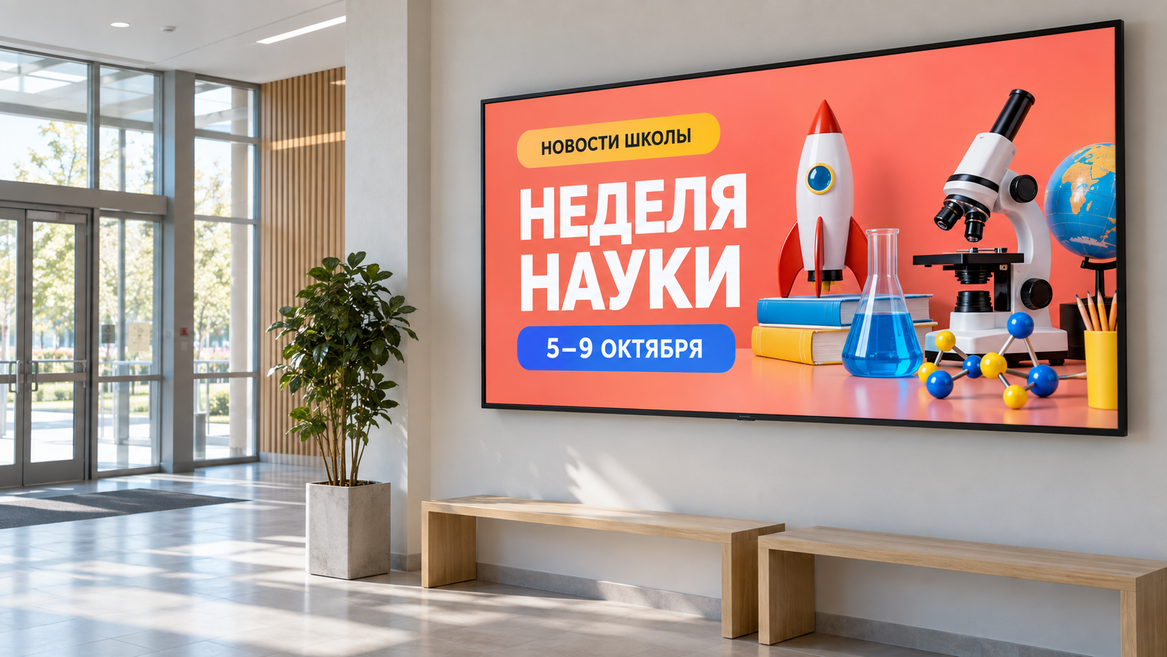 Пример школьного экрана с ярким объявлением недели науки на русском.