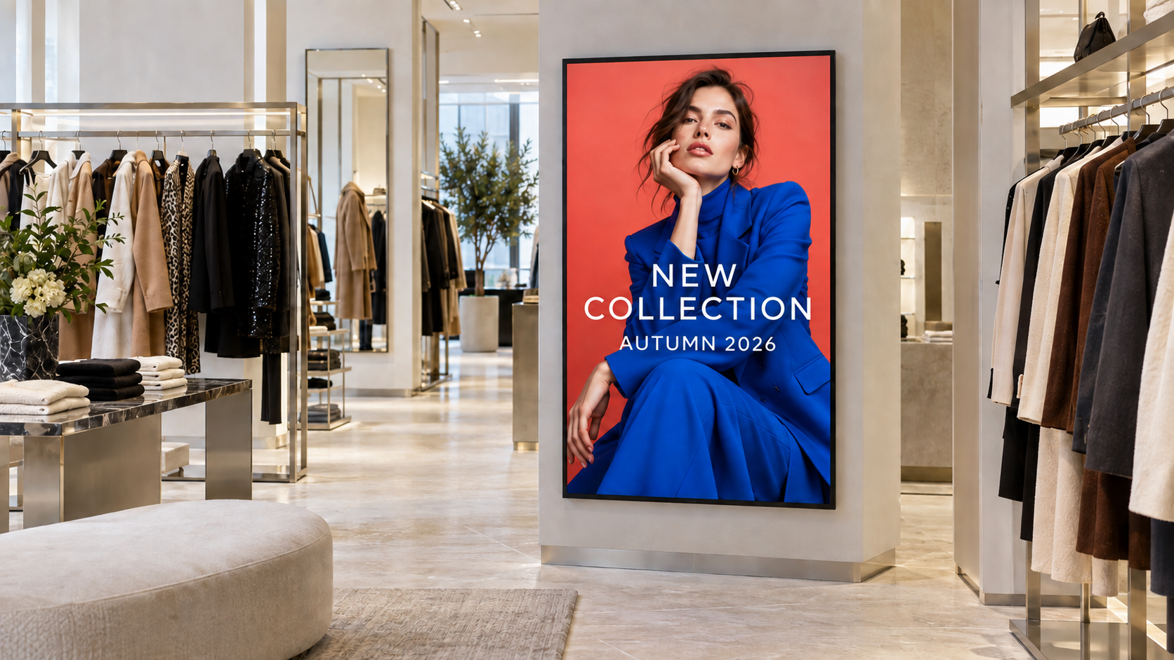 Example fashion boutique screen with a model in a blue outfit and an English new-collection campaign.