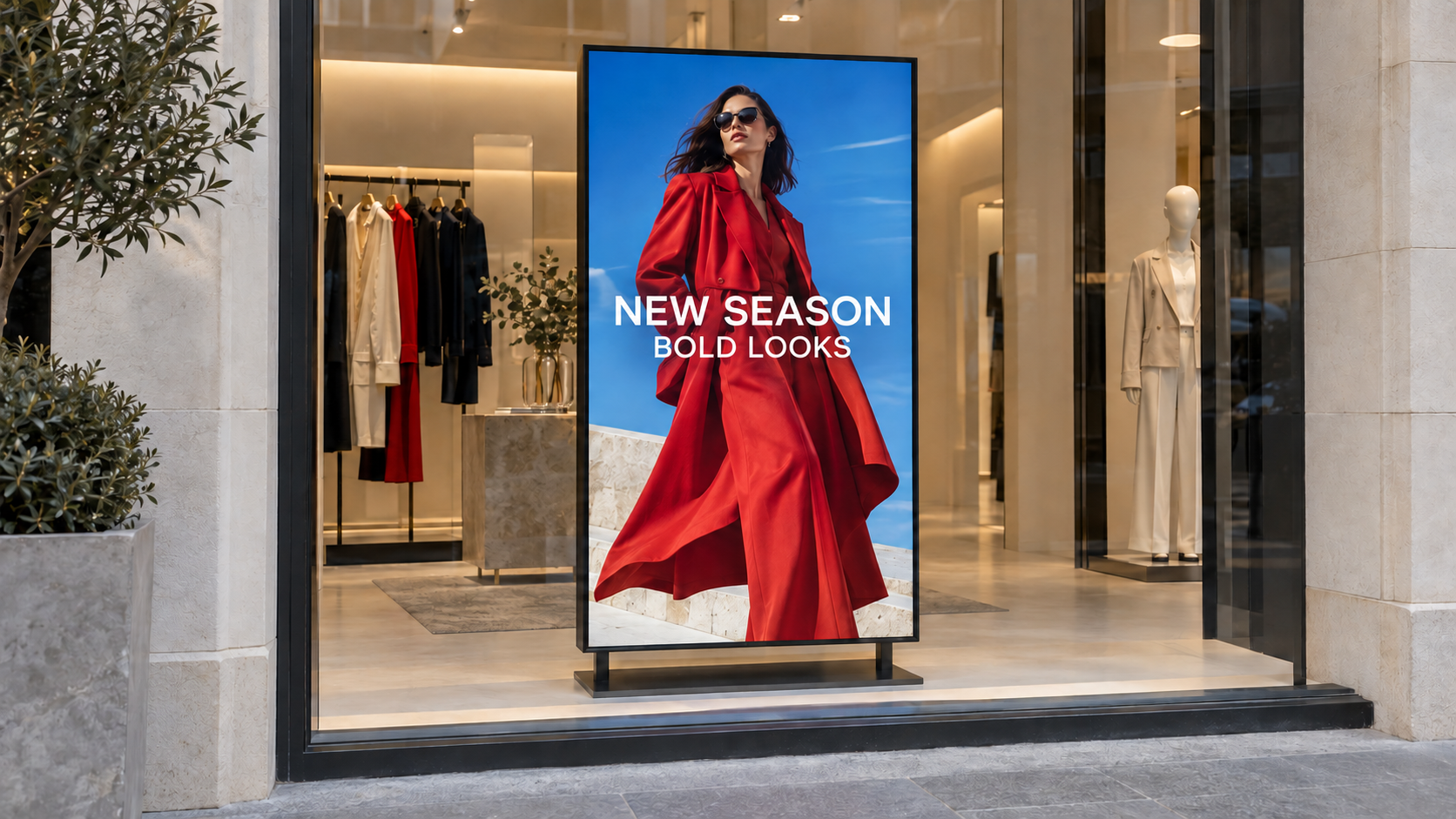 Example shop-window advertising with a model in a red coat and an English new-season message.