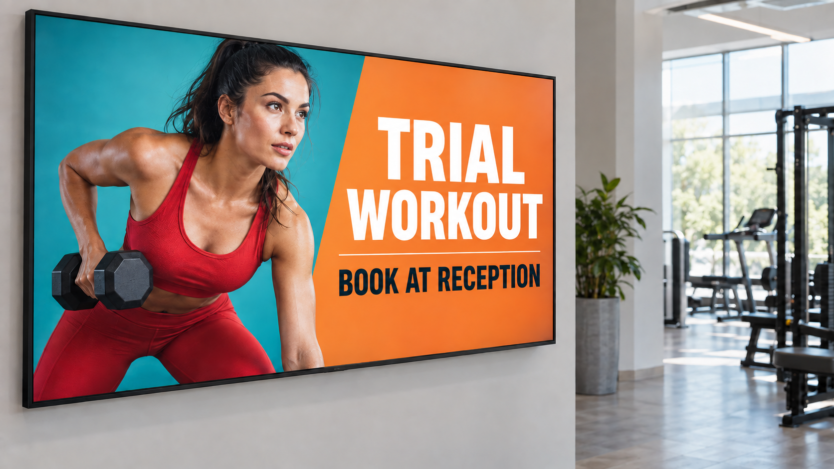 Example gym screen with an English trial-workout advertisement.