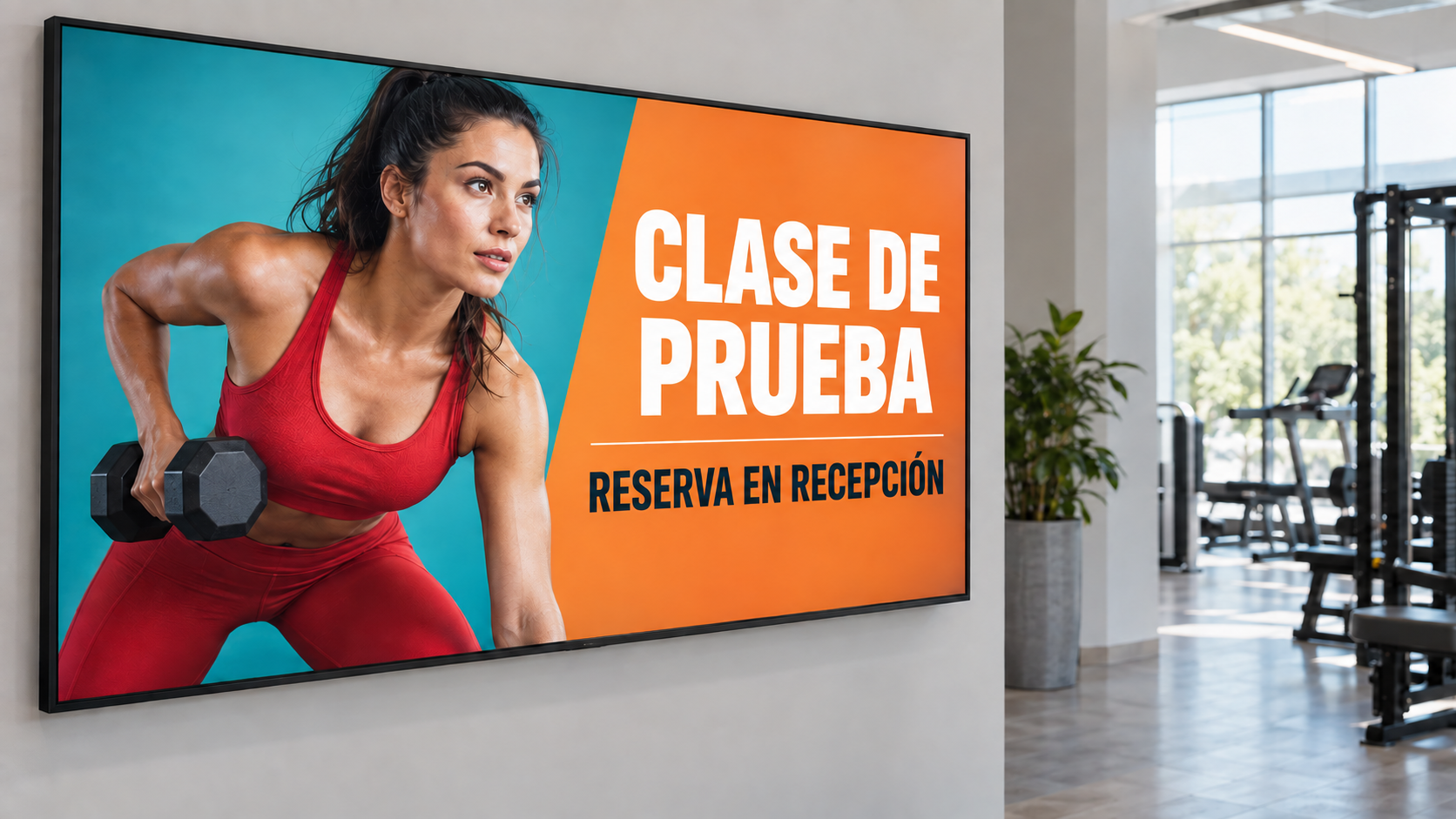 Ejemplo de pantalla del gimnasio con un anuncio de clase de prueba en español.