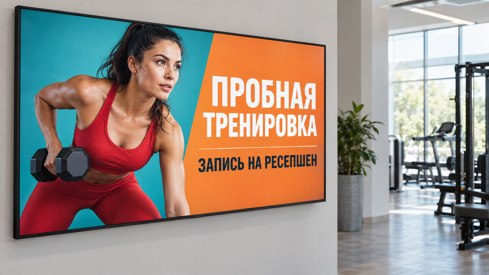 Пример рекламы пробной тренировки на экране клуба с текстом на русском.