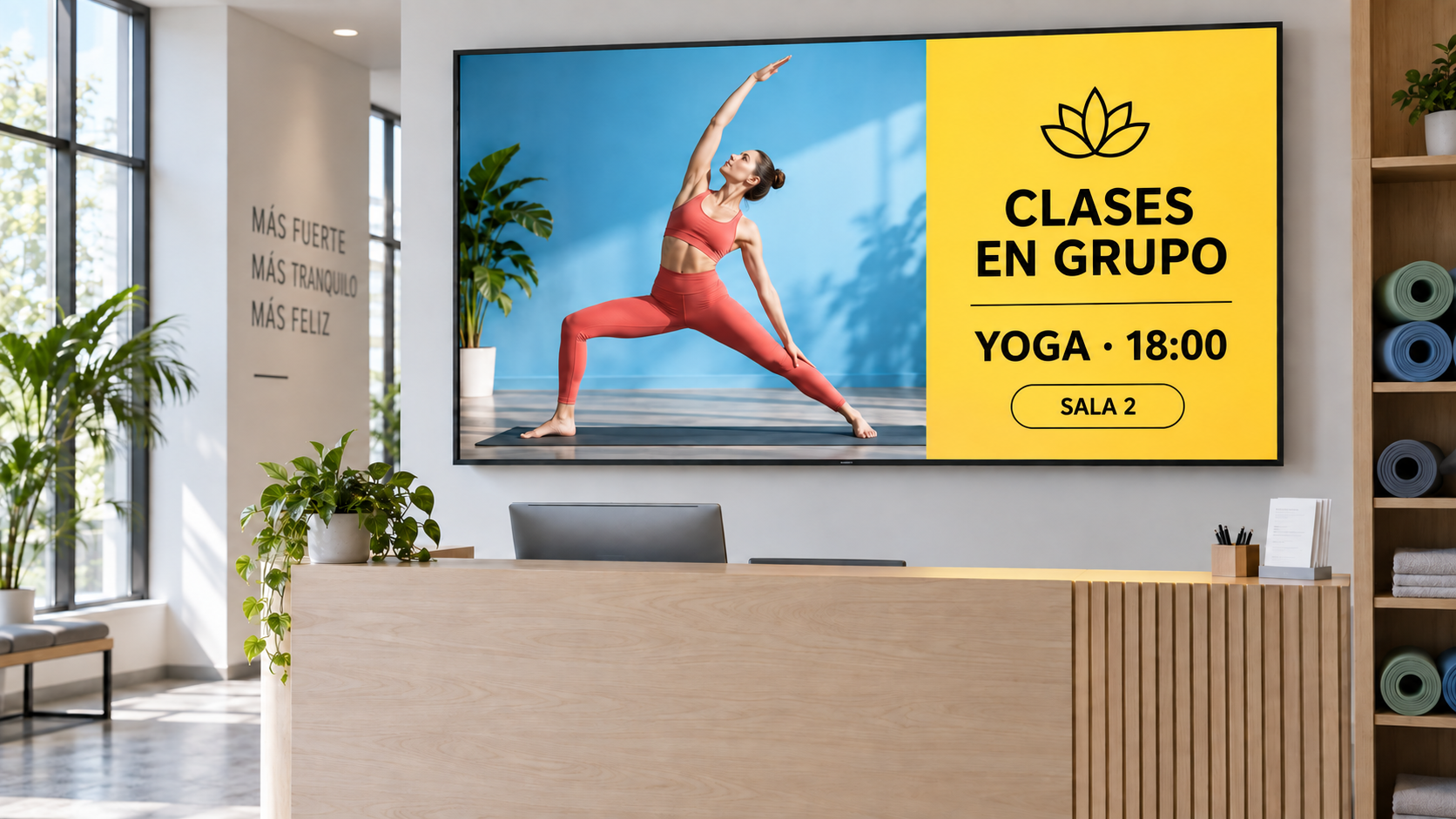 Ejemplo de pantalla de gimnasio con una clase de yoga anunciada en español.