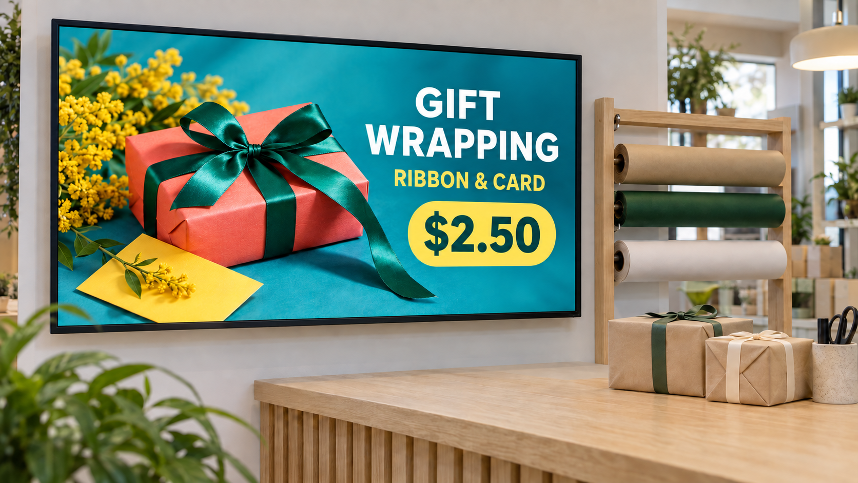 Example gift-wrapping advertisement on a pickup-point screen, with English text and a dollar price.