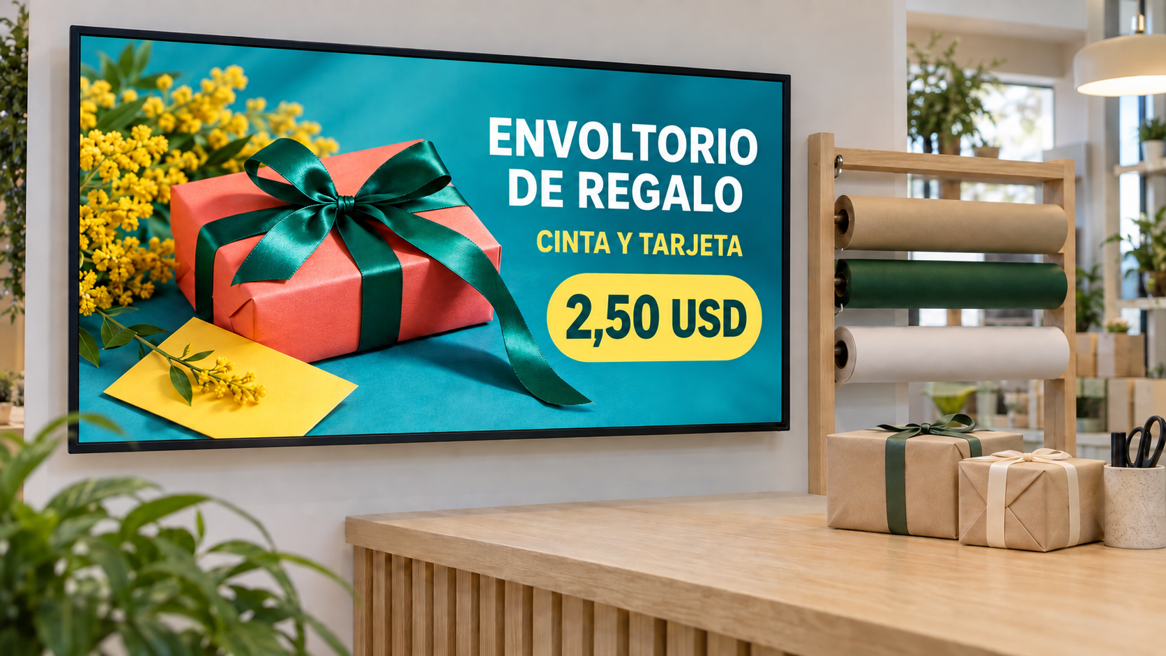 Ejemplo de anuncio de envoltorio de regalos en un punto de recogida, con texto en español y precio en dólares.