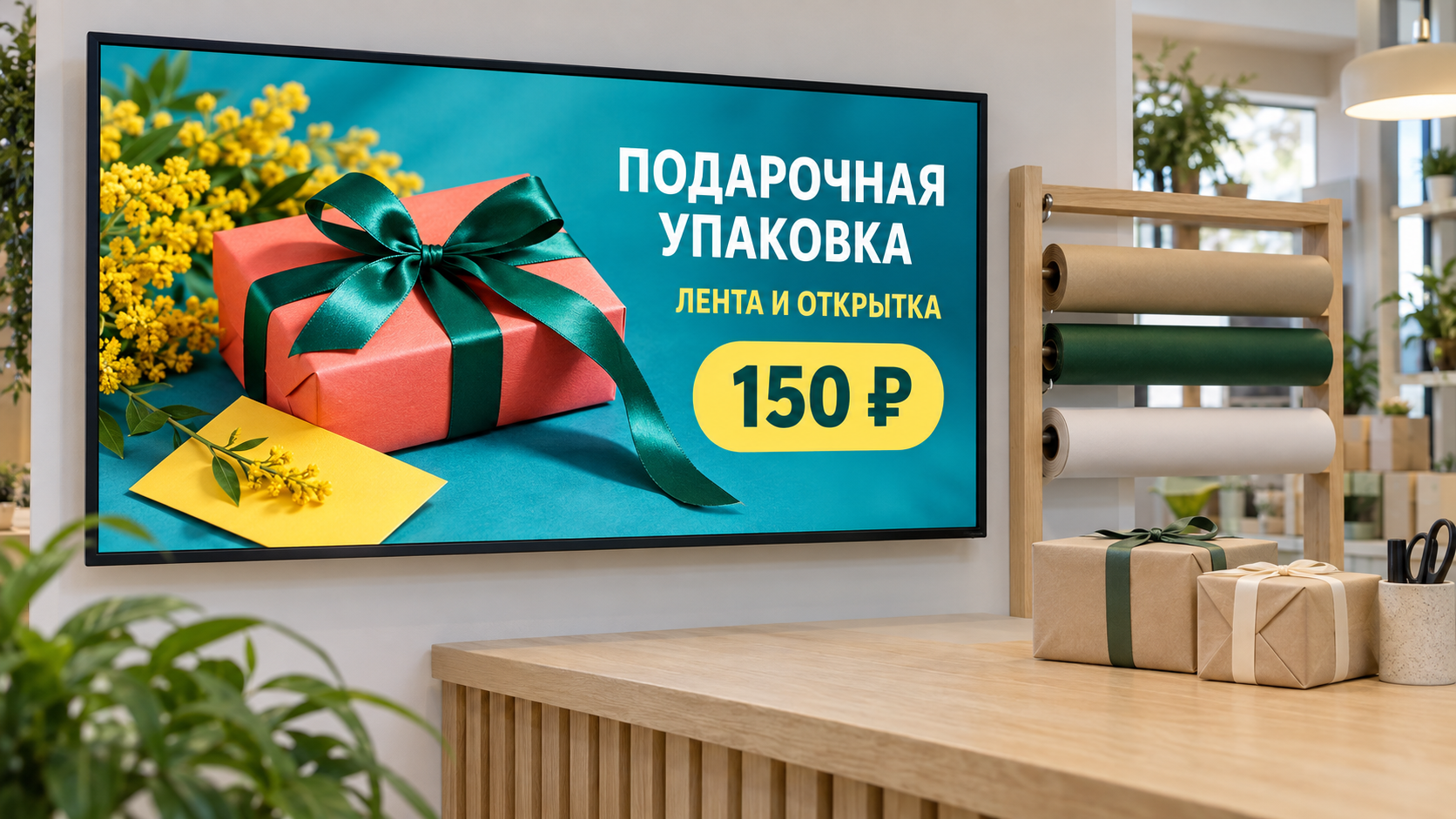 Пример рекламы подарочной упаковки на экране ПВЗ, с текстом на русском и ценой в рублях.