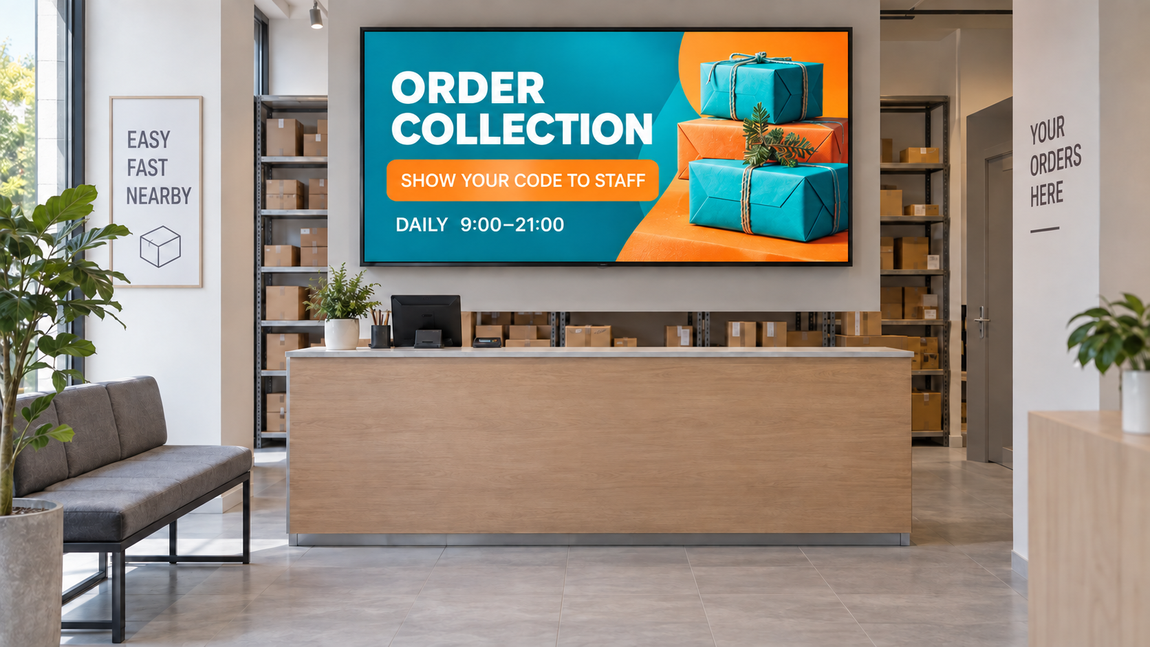Example parcel pickup point with English collection instructions and opening hours on screen.