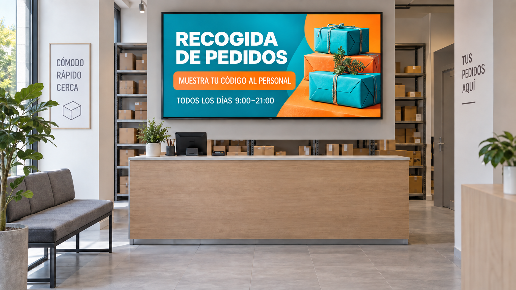Ejemplo de punto de recogida con instrucciones y horarios en español en la pantalla.