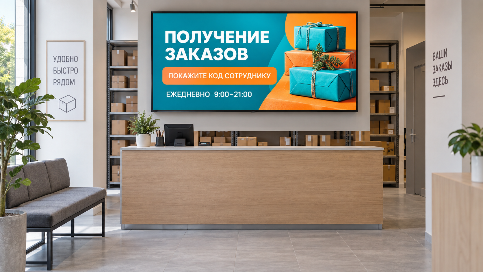 Пример пункта выдачи с экраном на русском: инструкция получения заказа и часы работы.