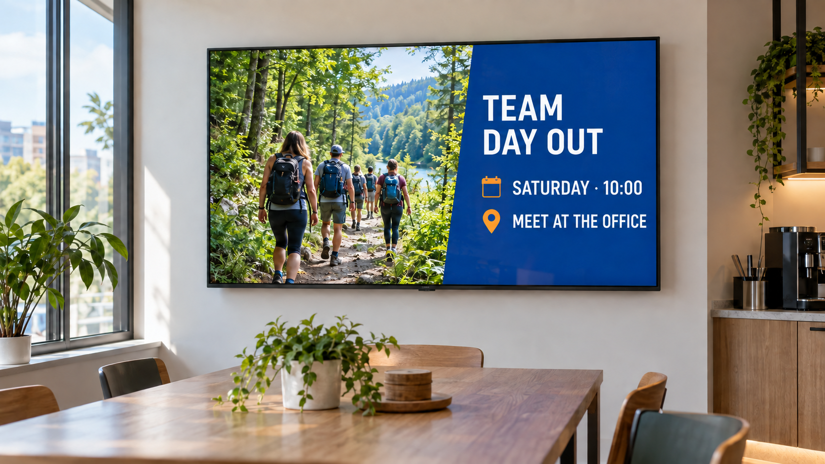 Example screen in an employee break area with a vivid English team-day-out announcement.