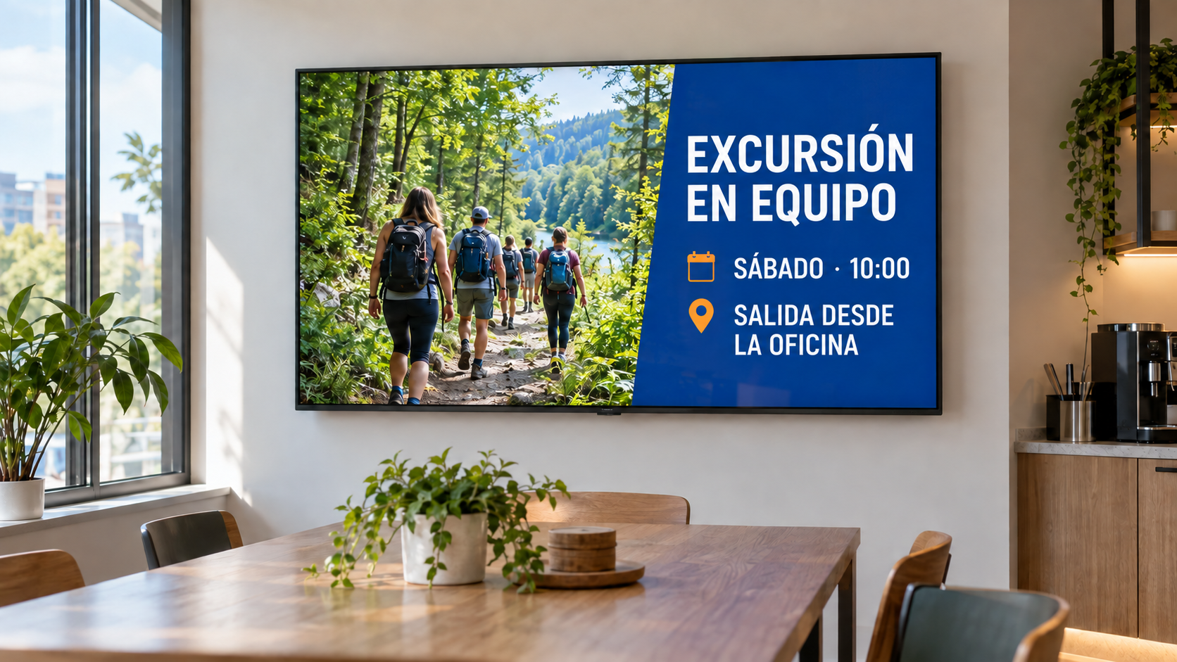 Ejemplo de pantalla en una zona de descanso con un anuncio de excursión del equipo en español.