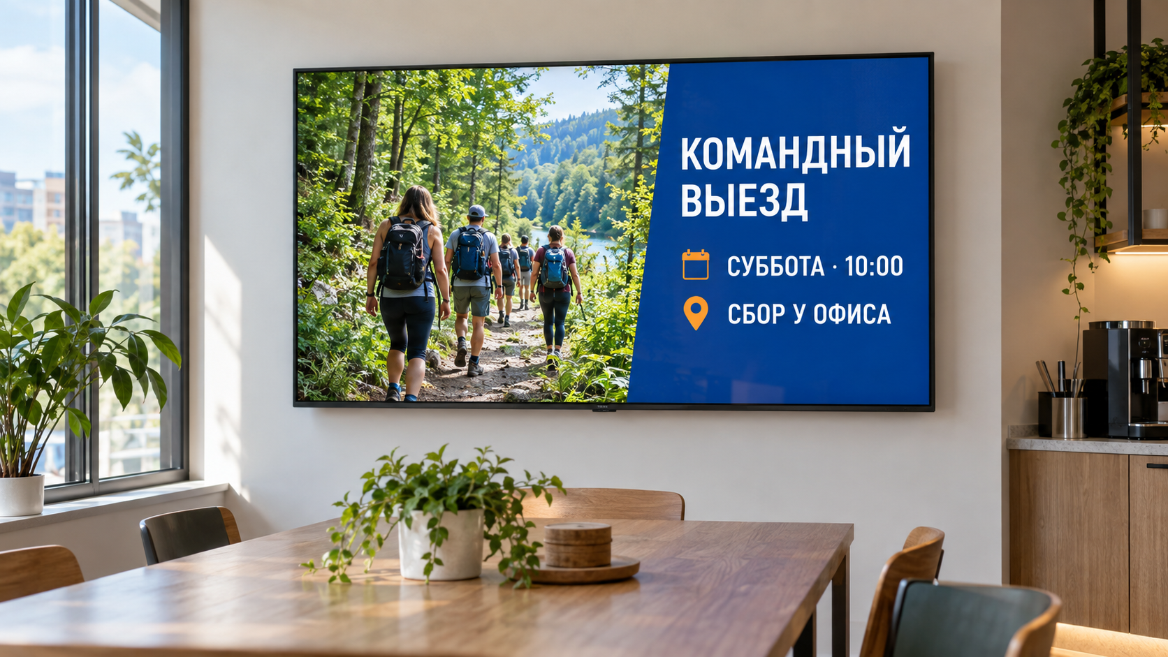 Пример экрана в зоне отдыха сотрудников с ярким объявлением о командном выезде на русском.