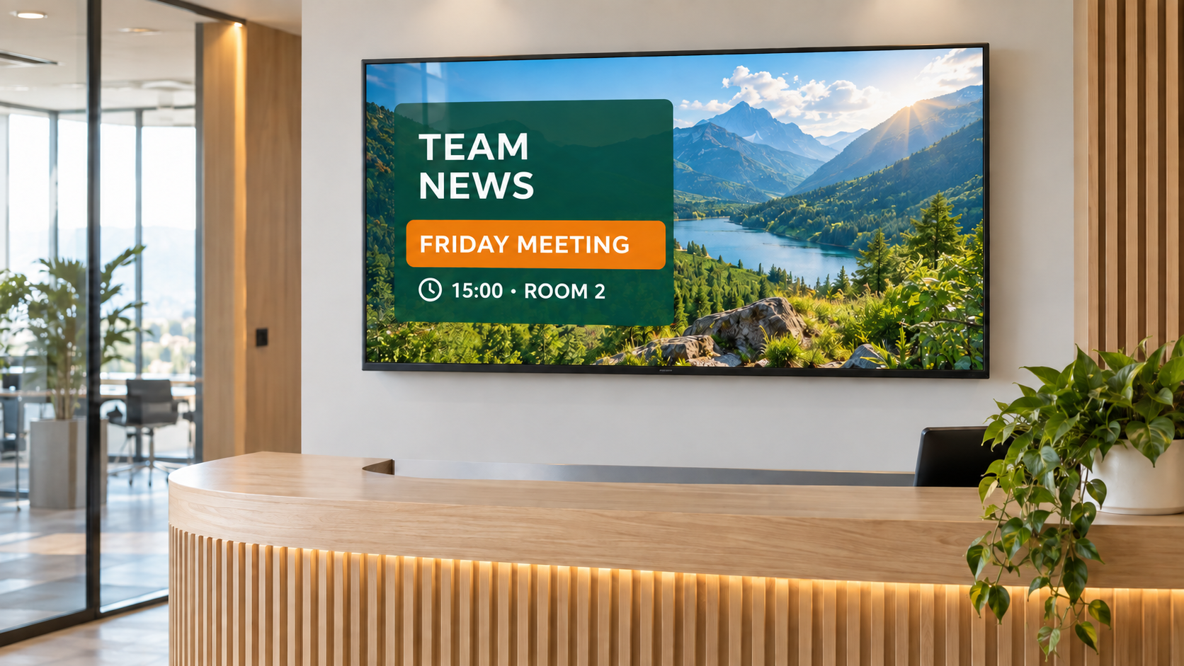 Example office information screen showing team news and a meeting announcement in English.