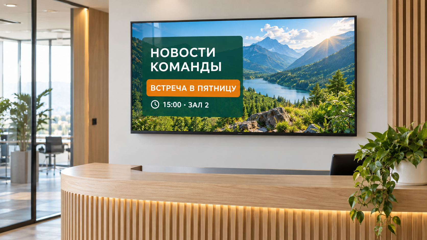 Пример офисного информационного экрана с новостями команды и объявлением о встрече на русском.